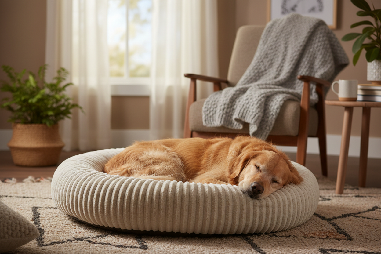 Beige Calming Bed - Golden Retriever