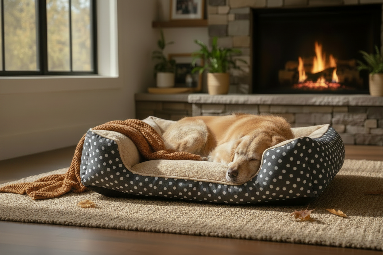 Beige Interior Dark Gray Rim Polka Dot Dog Bed